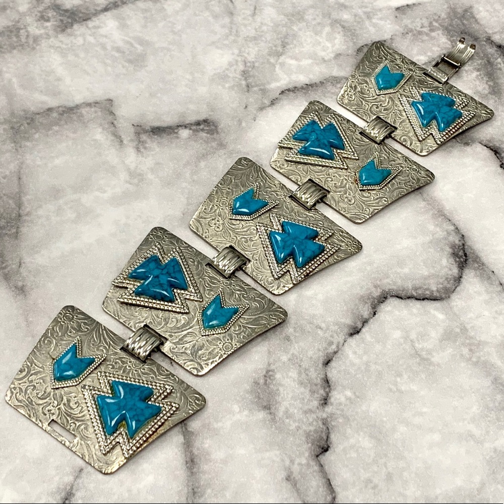 Vintage 1960's Native American Style Faux Turquoise Silver Scroll Bracelet